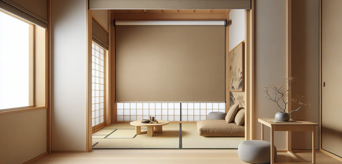 リビングと和室の間にナチュラルカラーのロールスクリーンが設置された空間。ロールスクリーンは半分ほど下ろされており、和室側には低い座卓とフロアクッションが見える