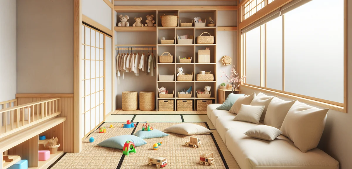 和室リビングをキッズスペースとして活用している様子。畳の上に柔らかいラグが敷かれ、木製のおもちゃ棚やカゴ収納が壁際に並び、リビングのソファから和室全体が見渡せるレイアウト
