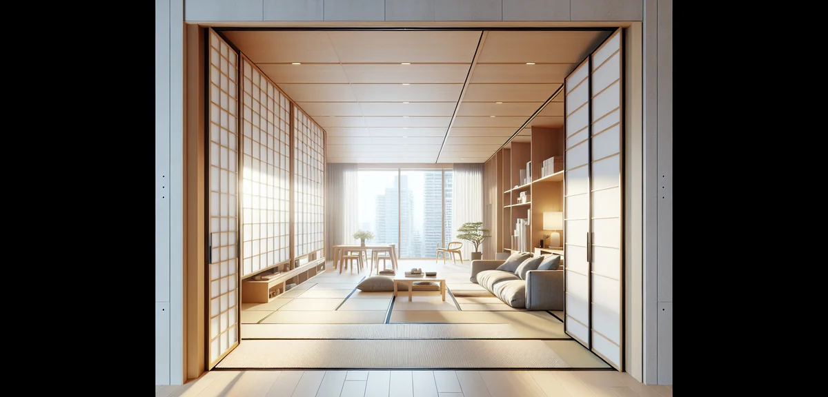 A modern Japanese apartment tatami room adjacent to a bright living room, sliding fusuma doors fully