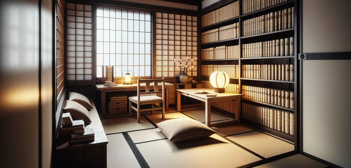 A quiet independent tatami room in a Japanese apartment set up as a study, with a low wooden desk, f