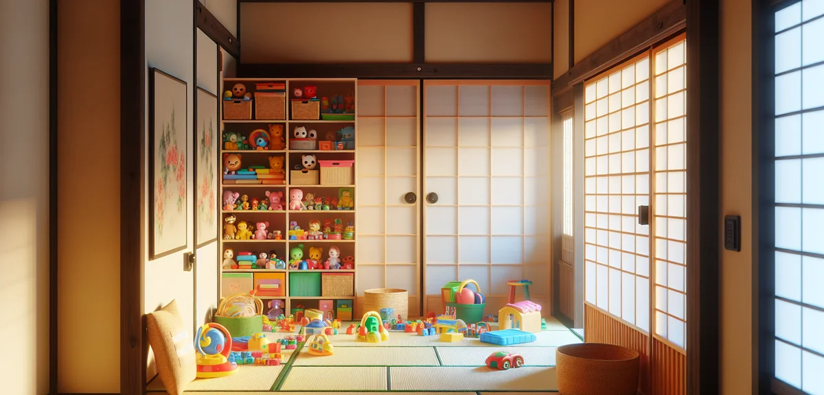 A Japanese apartment tatami room being used as a children's play area, with colorful toys neatly org
