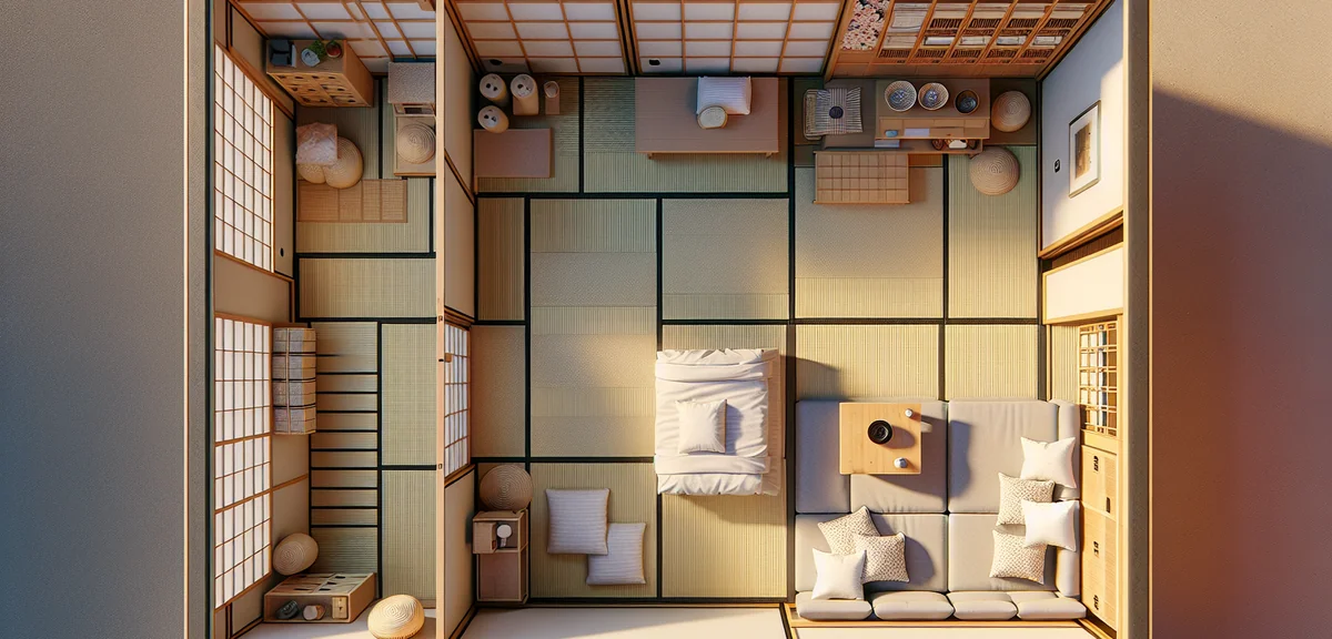 A well-organized 6-tatami-mat room in a Japanese apartment with low furniture arrangement, a small w