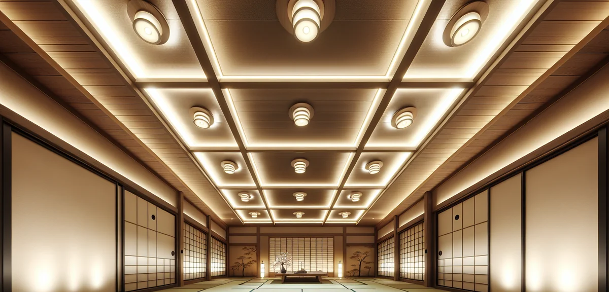 和室の天井にダウンライトとライン照明を組み合わせた施工例。畳の部屋に現代的な照明が調和している様子