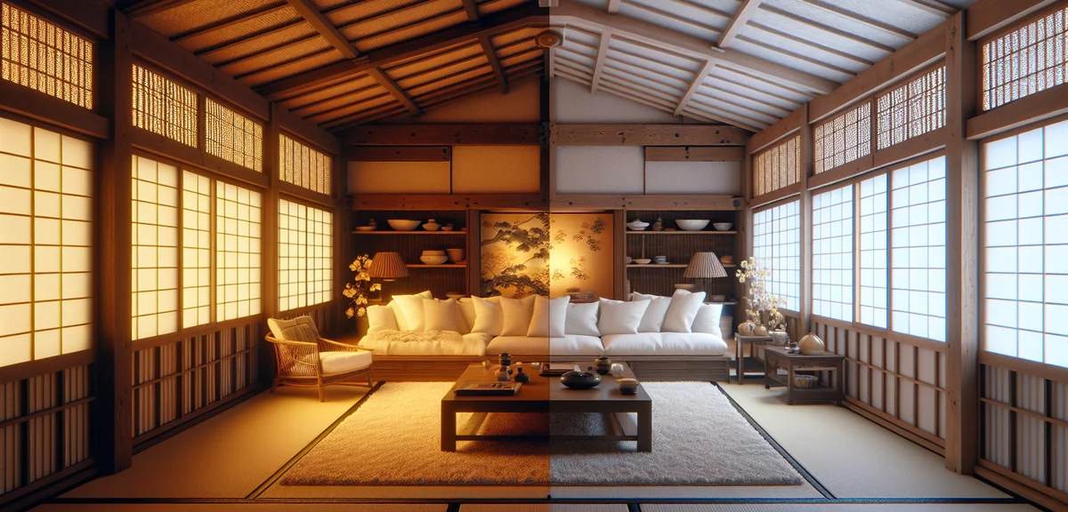 色温度の違いによる和室の見え方の比較。電球色(2700K)と温白色(3500K)で同じ和室がどう変わるかを示す