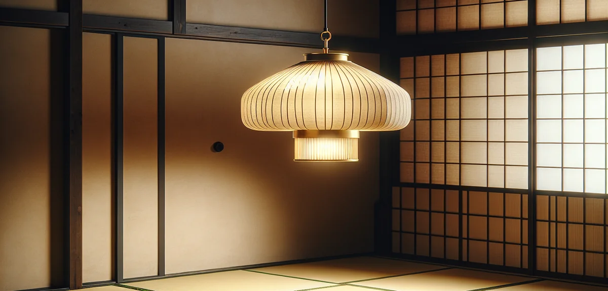 和紙シェードと真鍮フレームを組み合わせたペンダントライトが和室の天井から吊り下がっている様子。やわらかな光が畳の部屋を照らしている