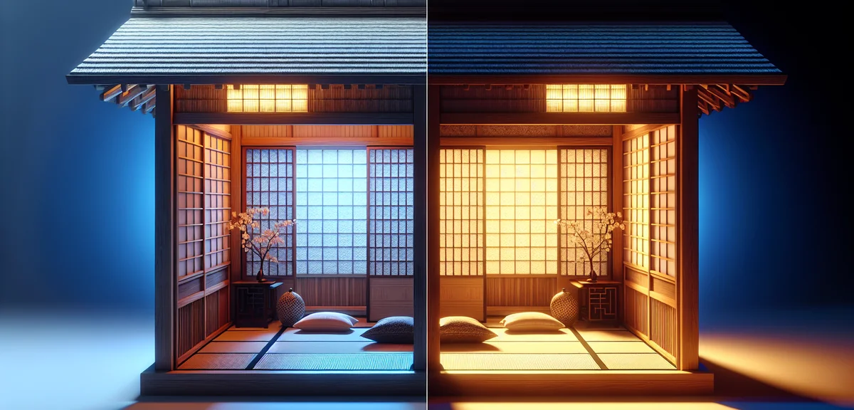 和室で調光機能を使い、明るい状態とほのかに暗い状態を並べた比較。同じ部屋でも照明の調整で全く異なる雰囲気になることを表現