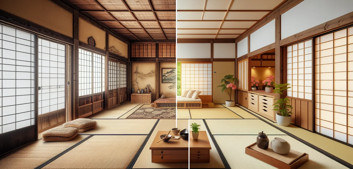 A split-view comparison showing a traditional Japanese room on the left with old tatami and sand wal