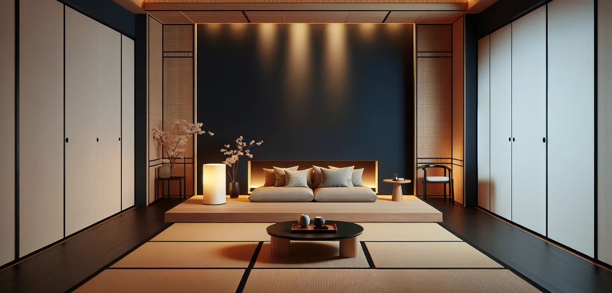 A modern Japanese room with a dark navy accent wall behind the tokonoma alcove area. Ryukyu tatami o