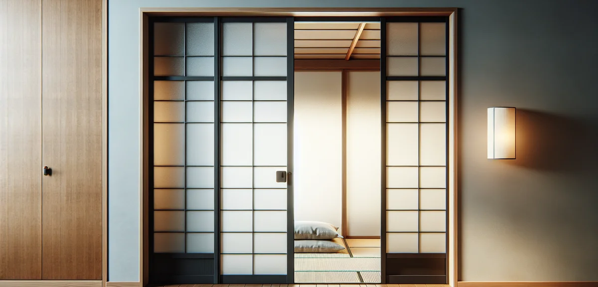 Close-up of modern Japanese sliding doors with frosted glass panels and dark wooden frames, replacin