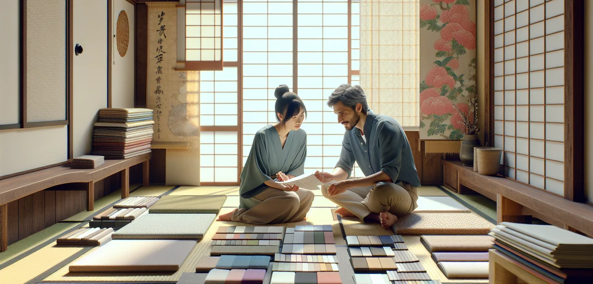 A homeowner discussing renovation plans with a contractor in a Japanese room, looking at material sa