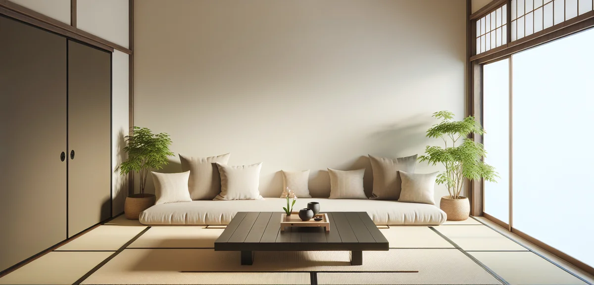 Modern Japanese room interior with neutral color palette, beige tatami, white walls, dark wood low t