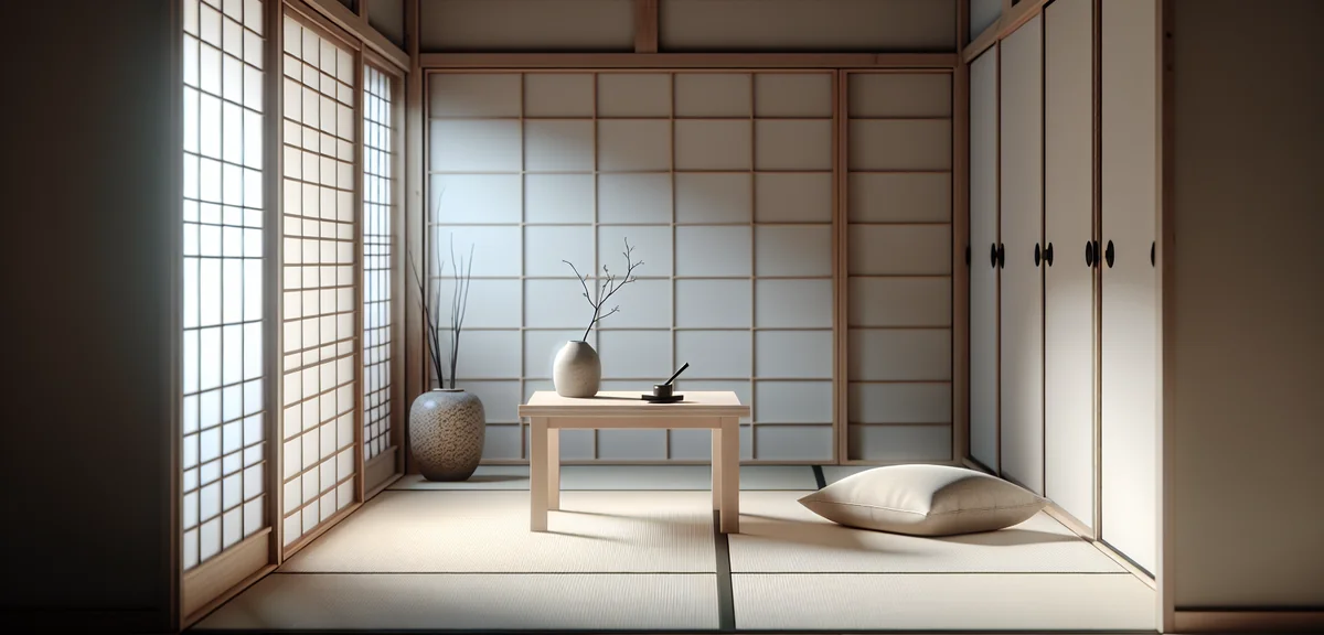 Minimalist Japanese room with large empty floor space, single low table, floor cushion, and decorati