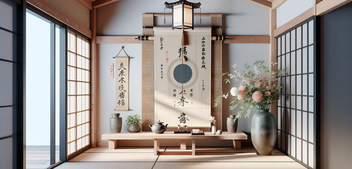 Japanese tokonoma alcove with hanging scroll, flower arrangement in vase, and labeled parts showing 