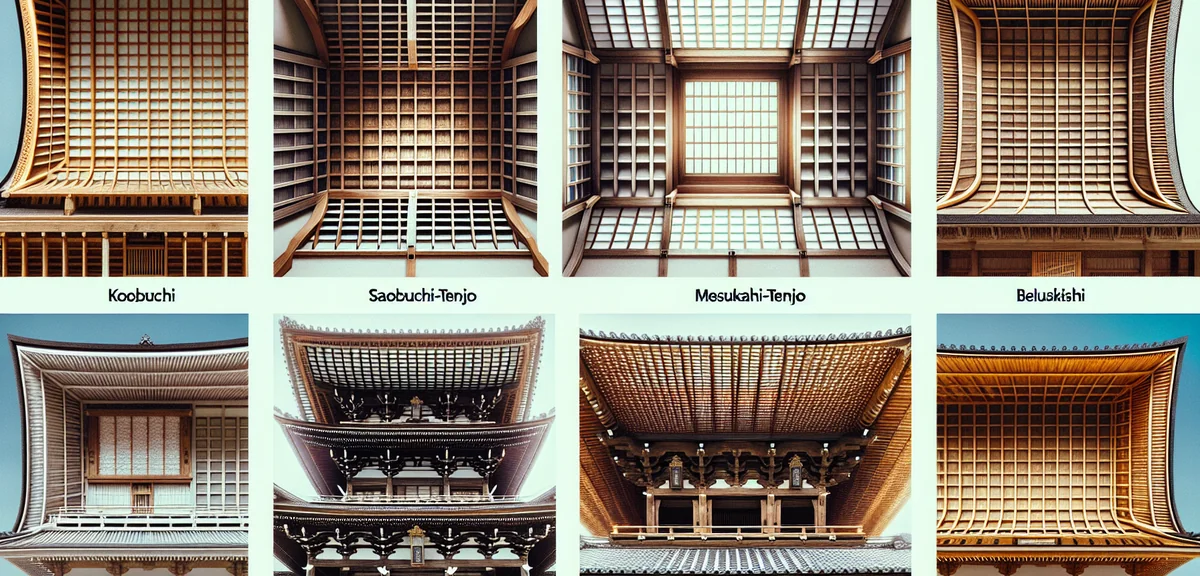 Japanese ceiling types comparison showing saobuchi-tenjo with wooden beams, mesukashi-tenjo with gap