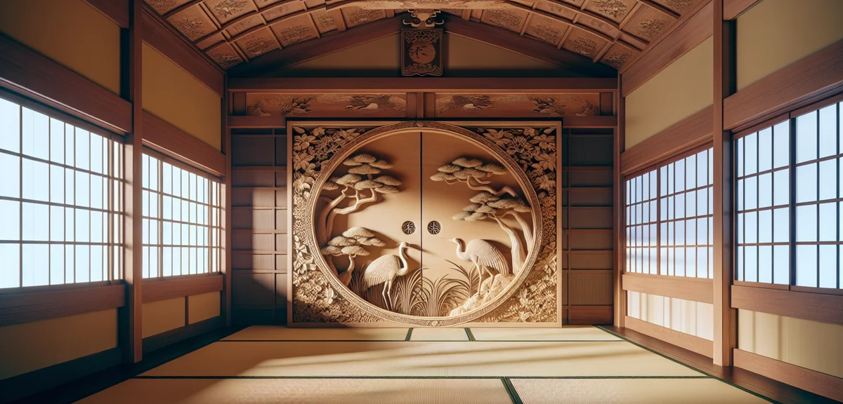 A traditional Japanese ranma transom with an elegant carved design of pine trees and cranes, install