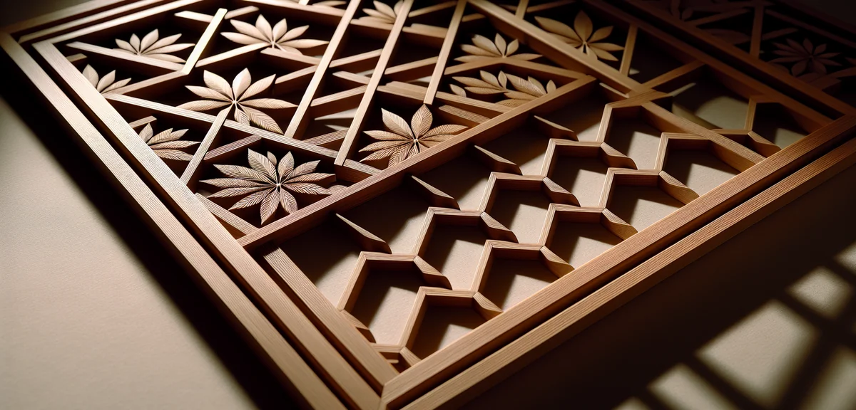 A close-up of an intricate kumiko ranma (geometric lattice transom) with a traditional asanoha hemp 