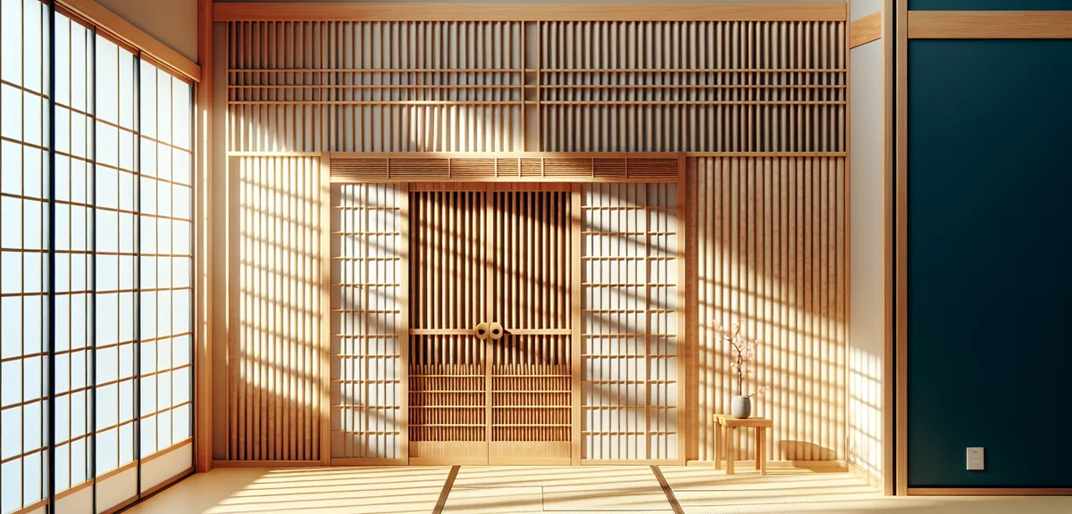 A traditional Japanese room with a beautiful osa-ranma (reed-style transom) showing vertical wooden 