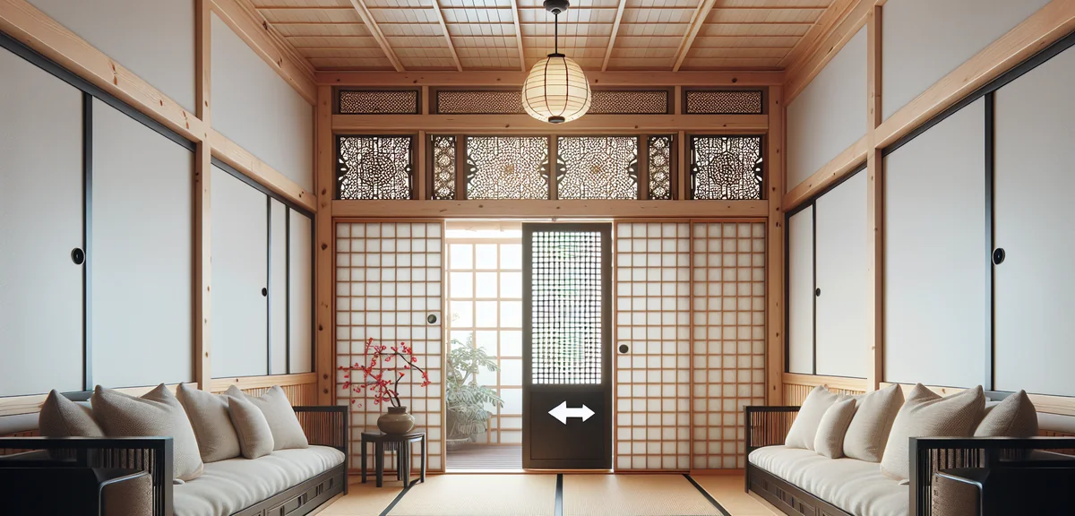 A Japanese room showing a ranma transom area above a fusuma door, with one side showing the traditio