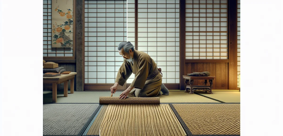 Tatami mat replacement process. Craftsman laying new tatami in Japanese room. Close-up of tatami wea