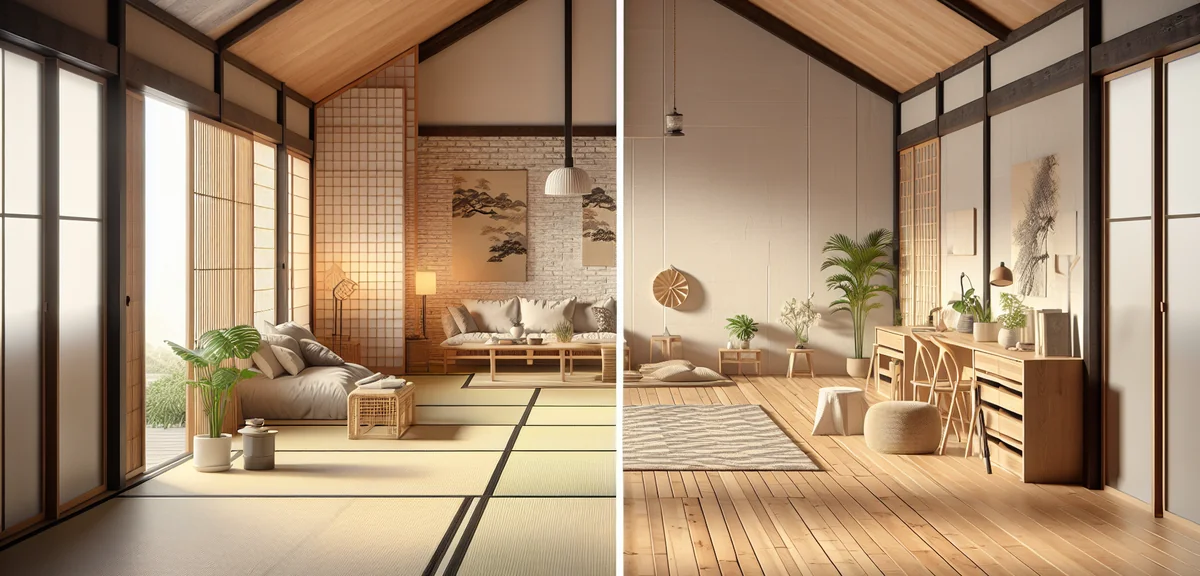 Before and after of Japanese room to Western room renovation. Split image showing tatami room transf