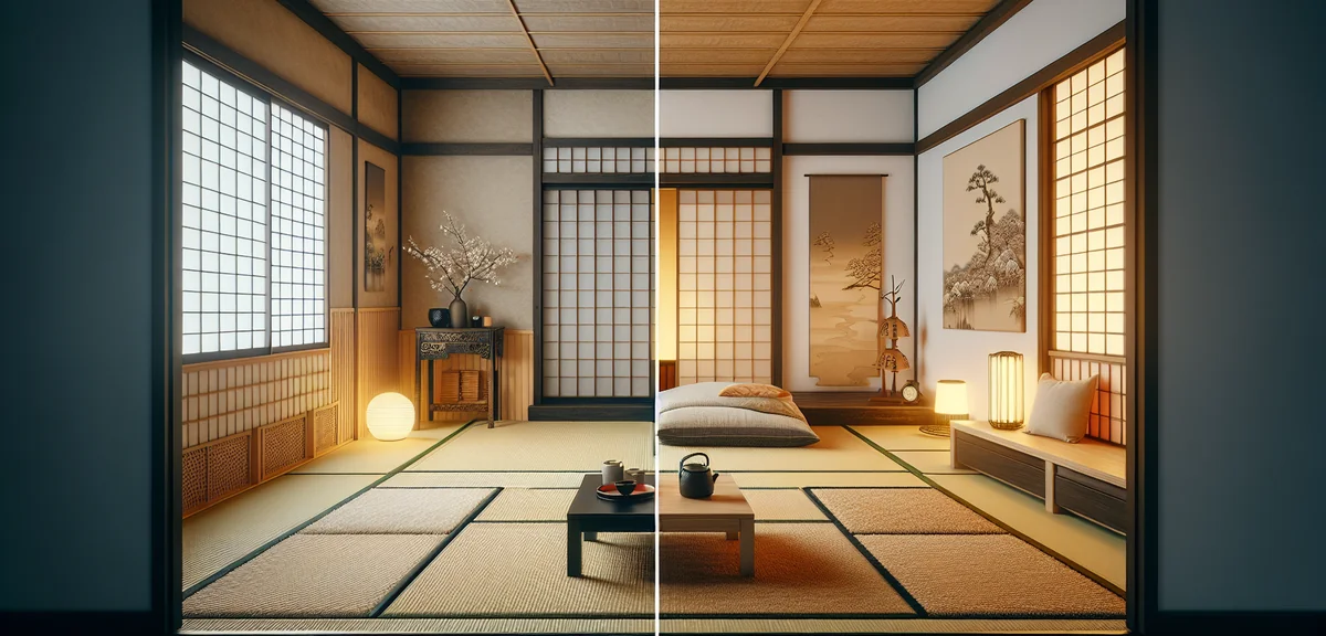 A before-and-after split view of a Japanese tatami room renovation - left side showing a plain old-f