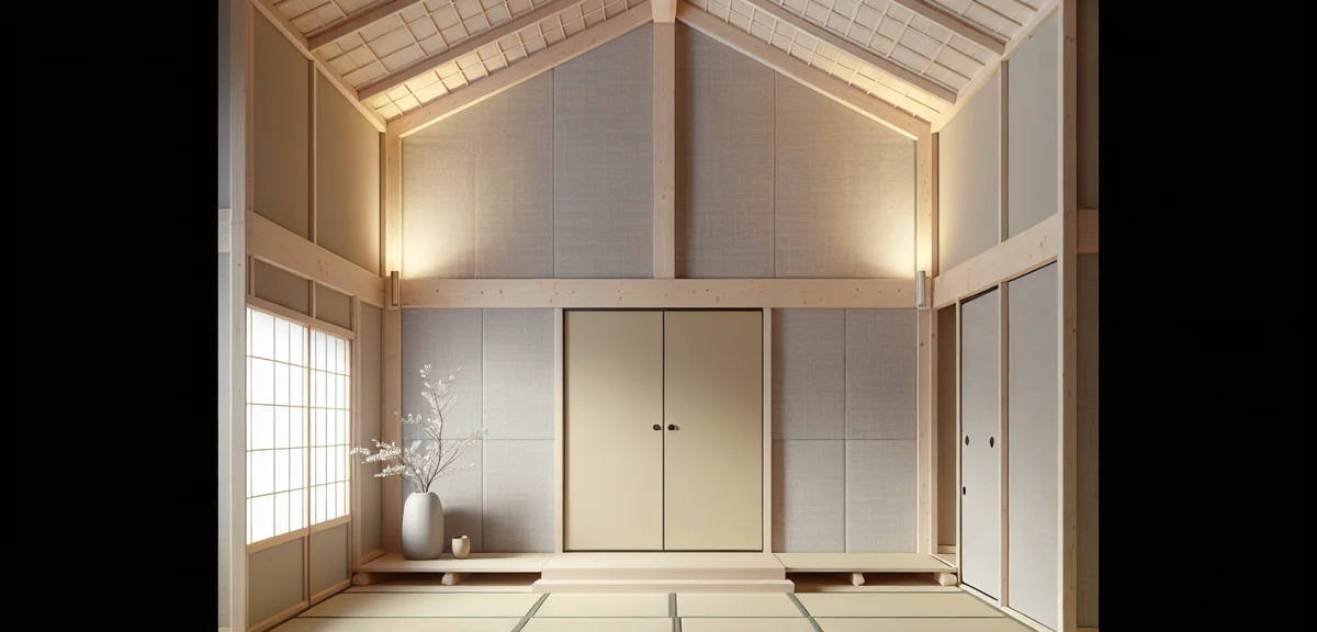 A Japanese tatami room with one accent wall covered in modern removable wallpaper - light gray linen