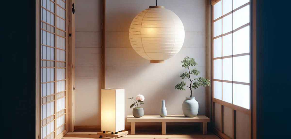 Detail shot of a renovated Japanese room corner with a modern paper lantern floor lamp, a small pott