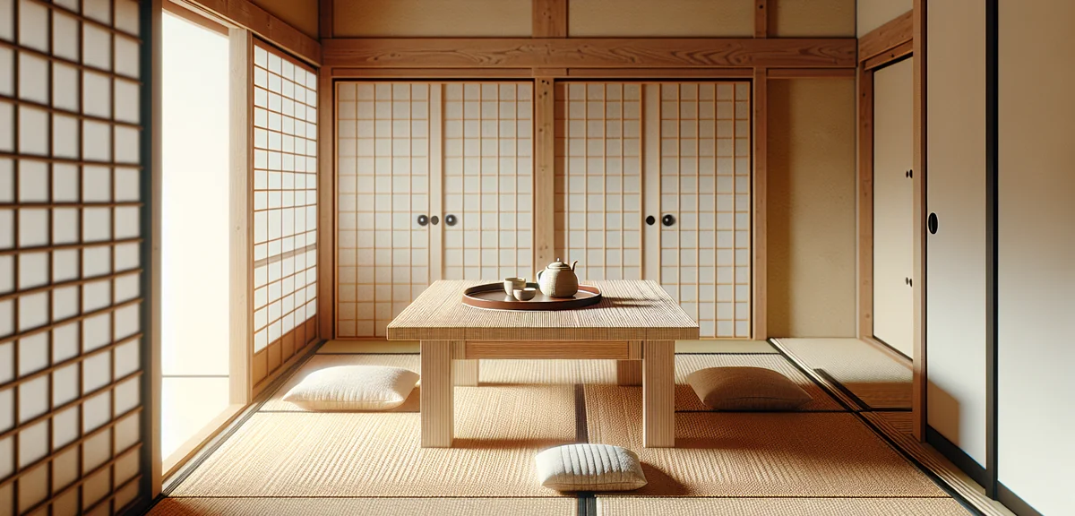 Japanese tatami room with furniture protection - felt pads under table legs, thin rug under sitting 