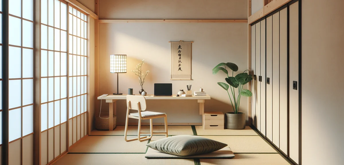 Japanese tatami room used as home office with low desk, floor cushion, laptop. Minimal clutter, natu