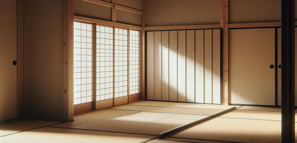 A Japanese tatami room window with a roll screen partially lowered, showing how it filters soft ligh