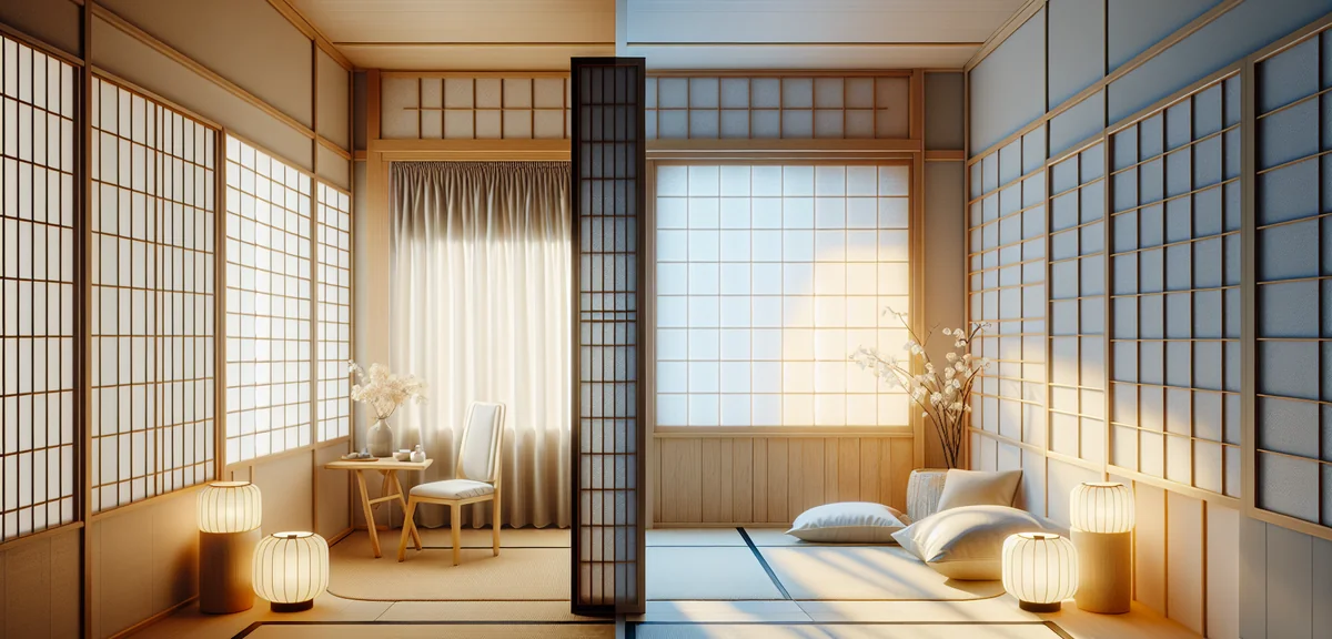 A side-by-side comparison of a Japanese room window - left side with traditional white shoji paper s