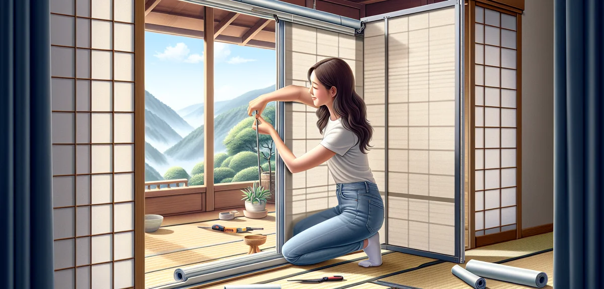 A person installing a tension-type roll screen inside a window frame of a Japanese tatami room, show