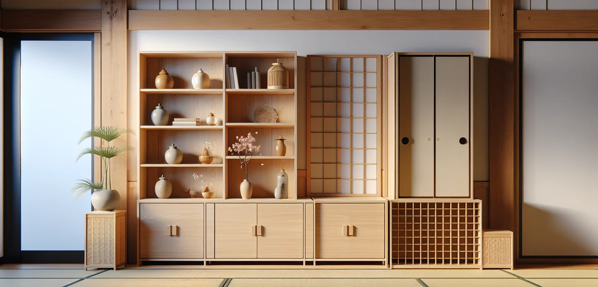 Three types of shelving units suitable for a Japanese tatami room displayed side by side - an open w