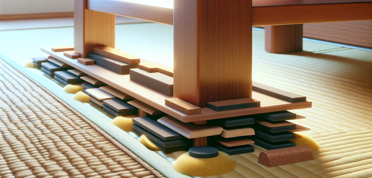 Close-up of furniture leg protection on tatami - felt pads, cork mats, and wooden boards placed unde