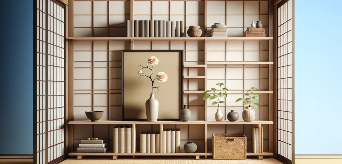 A beautifully styled open shelf in a Japanese tatami room showing the art of display - a ceramic vas