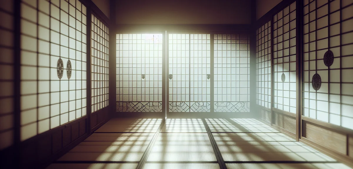 障子越しに柔らかな光が差し込む和室の風景。畳の上に穏やかな光の模様が広がり、障子の格子が影を落としている