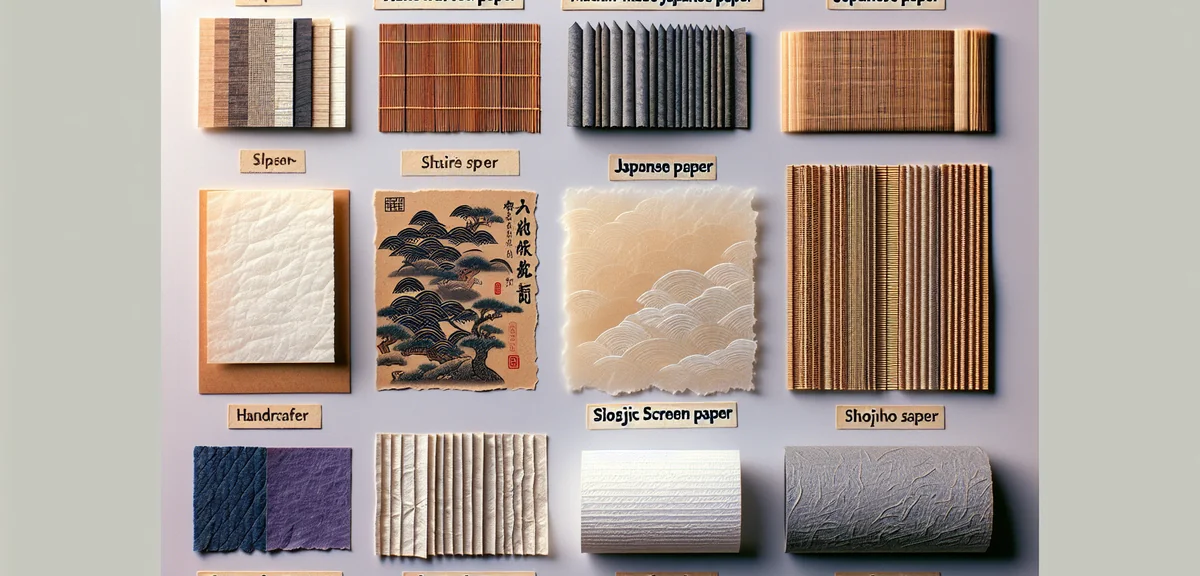 障子紙の素材サンプルが並べられている様子。手漉き和紙、機械漉き和紙、プラスチック障子紙、ワーロンシートの質感の違いが分かる