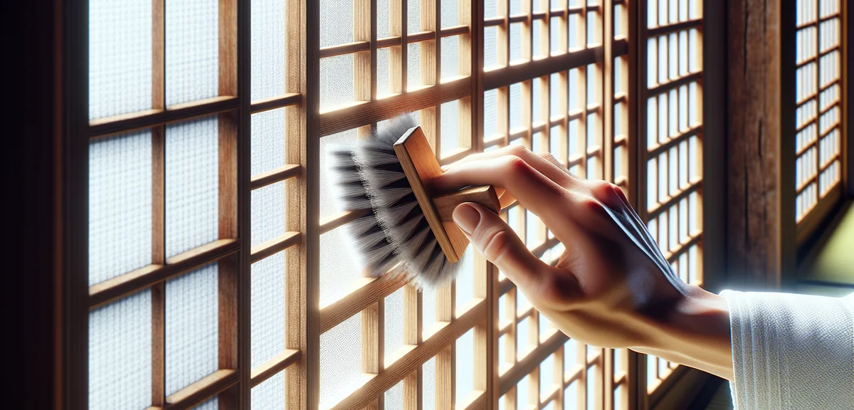 障子の桟をハケで丁寧に掃除している手元のクローズアップ。明るい和室の中で日常的なメンテナンスを行っている場面