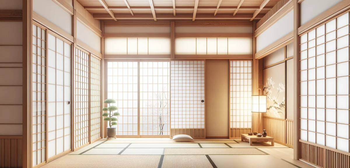 A bright Japanese room (washitsu) showing a fusuma sliding door with elegant washi paper surface, ne