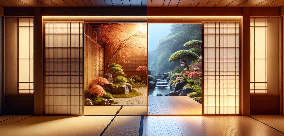 A comparison showing a Japanese room with a heavy wooden board door (itado) on one side offering pri