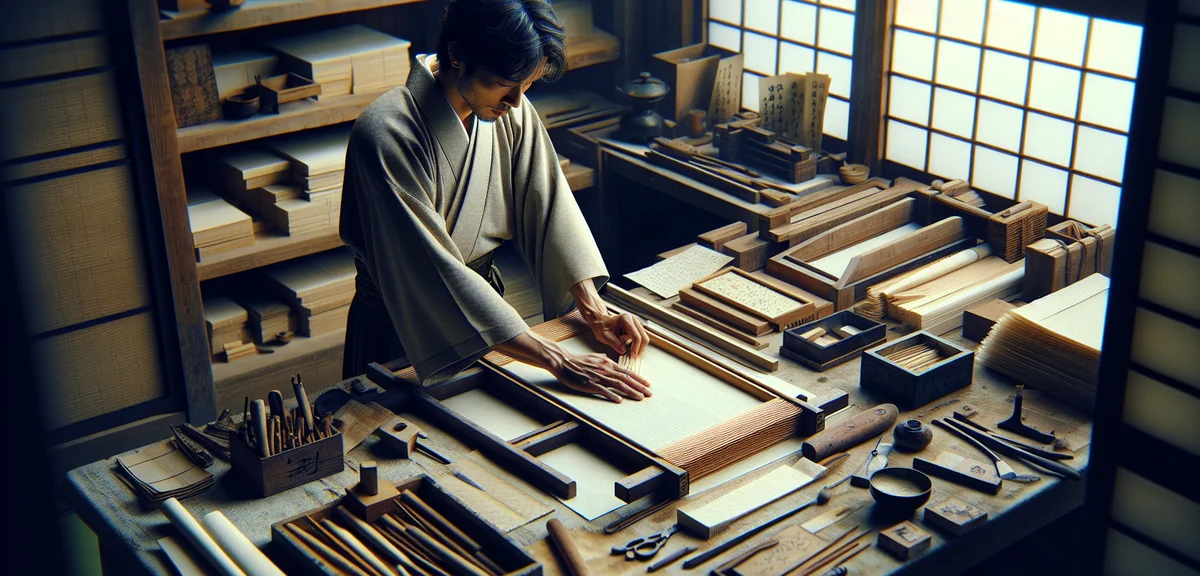 A craftsperson carefully applying new washi paper to a fusuma sliding door frame in a traditional Ja
