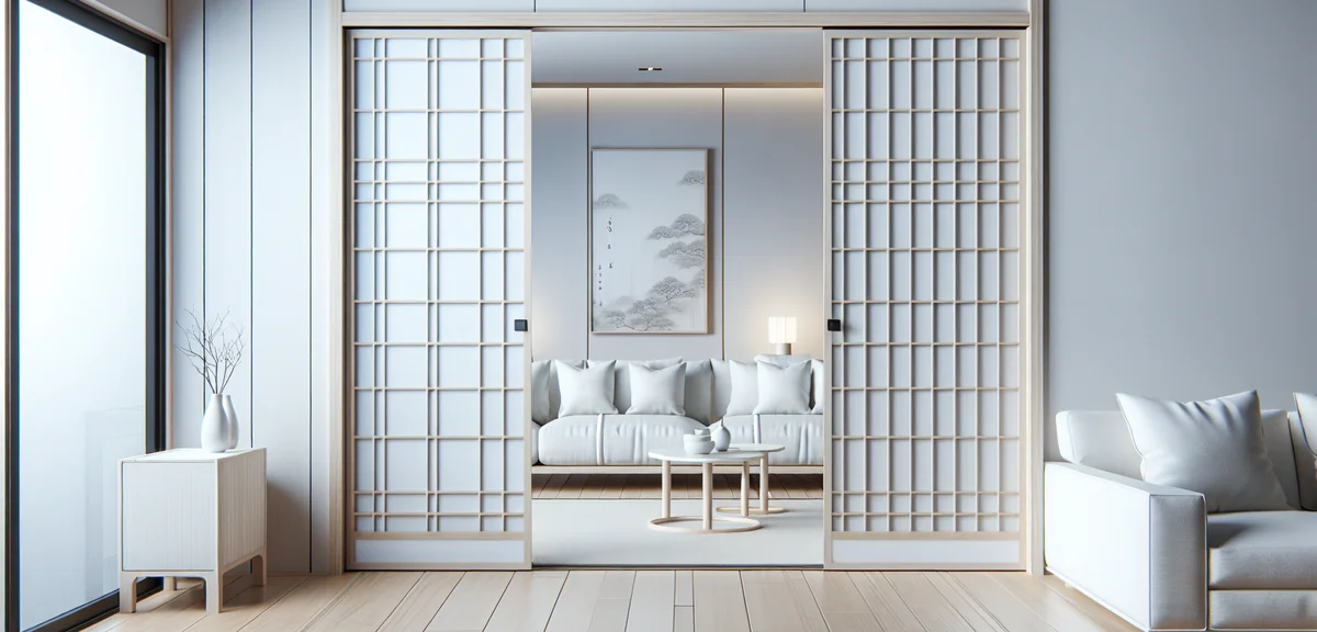 A modern Japanese room where traditional fusuma doors have been replaced with stylish Western-style 