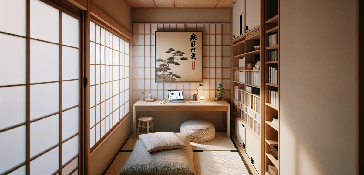 A small 3-tatami Japanese room converted into a cozy home office with a low wooden desk against the 