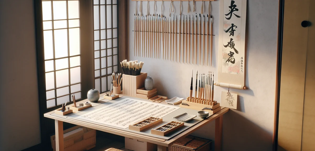 A small Japanese room set up as a hobby space with calligraphy supplies arranged on a low table, ink