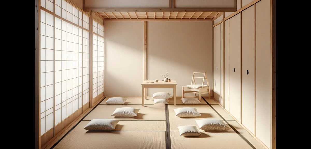A bright and organized 4.5-tatami Japanese room with minimalist low furniture, a small folding desk 