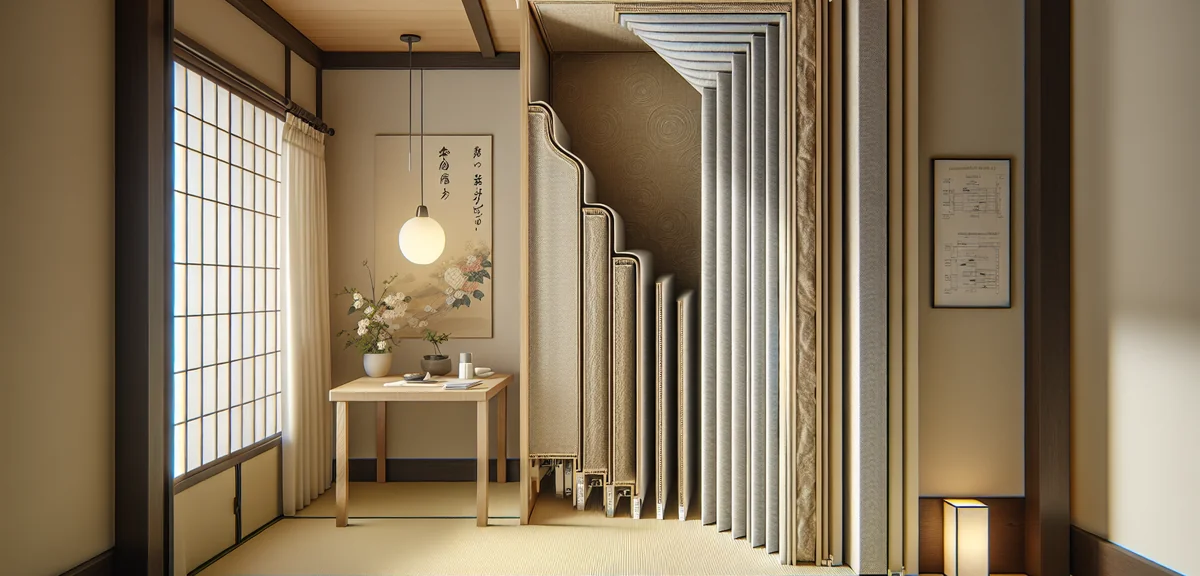 A Japanese fusuma sliding door with a layered soundproofing setup visible from the side: masking tap