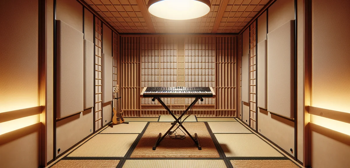 A Japanese tatami room converted into a music practice space. Acoustic foam panels mounted on the wa