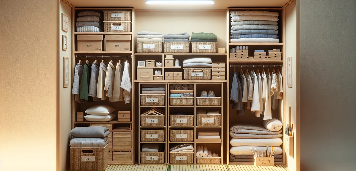 Inside of Japanese oshiire closet with organized storage boxes, hanging clothes on rod, folded futon
