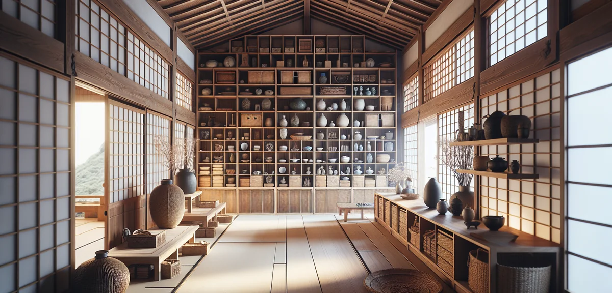 Japanese room with balanced mix of open shelving and closed storage. Wooden shelf with decorative it