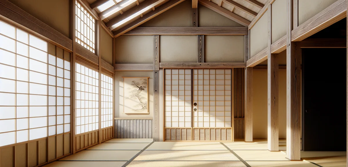 Traditional Japanese room interior showing the basic structural elements - tatami floor, plastered w